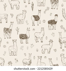 Lama alpaca animal vector seamless pattern.