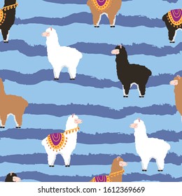 Lama , alpaca animals cute vector cartoon seamless pattern on blue background. Concept for print, cards, wallpapers, wrapping paper 