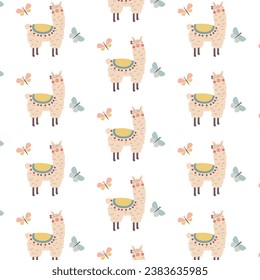 Lama alpaca background. cartoon  ornament. Baby fabric texture