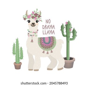 Lama, alpaca with cacti - print for a mug, sticker, t-shirt. No drama llama.