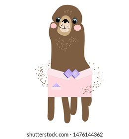 Lama, alpaca, children`s fairy-tale character, hand-drawn, vector image