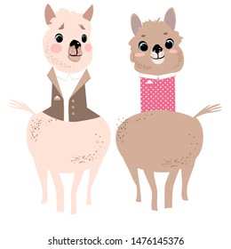 Lama, alpaca, children`s fairy-tale character, hand-drawn, vector image