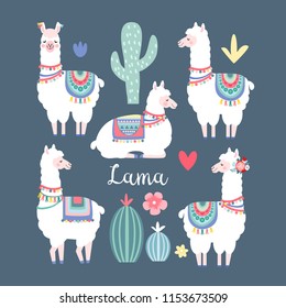 Lama alpaca or guanaco graphic elements. Isolated vector objects, flat design