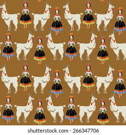 Lama Alpaca and knitting Peruvian woman. Seamless background pattern. Vector illustration 