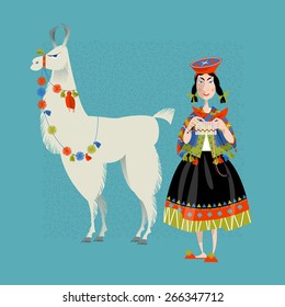 Lama Alpaca and knitting Peruvian woman. Vector illustration. 