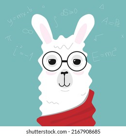 Lamas oder Alpaca-Mathematiker mit Brille. Mathesymbole auf dem Hintergrund. Flache Vektorgrafik des National Mathematics Day 22. Dezember