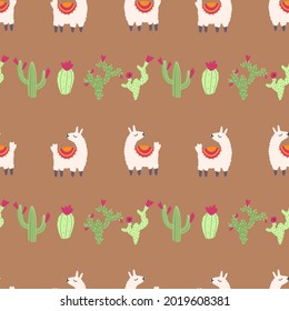 Lama alpaca seamless pattern with cactus. Vector illustration of nursery characters in cartoon hand drawn doodle childish style
