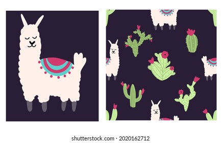 Lama alpaca seamless pattern with cactus. Vector illustration of nursery characters in cartoon hand drawn doodle childish style