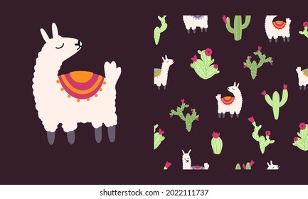 Lama alpaca seamless pattern with cactus. Vector illustration of nursery characters in cartoon hand drawn doodle childish style