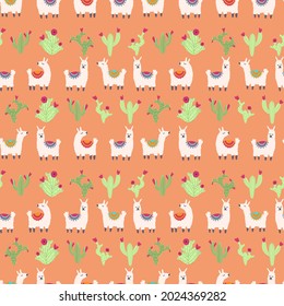 Lama alpaca seamless pattern with cactus. Vector illustration of nursery characters in cartoon hand drawn doodle childish style for baby apparel, textile and product design, wallpaper, wrapping paper