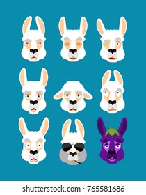 Lama Alpaca set emotion avatar. sad and angry face. guilty and sleeping. Animal sleeping emoji face. Beast Eggplant. Vector illustration