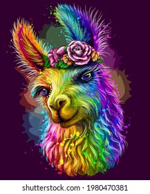 Lama Alpaca. Sticker design. Abstract, Multicolored, Neon portrait of a lama on a dark purple background in the style of pop art. Digital vector graphics. Background on a separate layer.