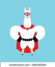 Lama Alpaca superhero. Super llama in mask and raincoat. Strong beast