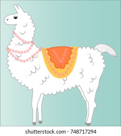 Lama, alpaca of white color, fluffy, with a bright saddle and flowers on a blue background