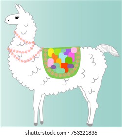 Lama, alpaca of white color, fluffy, with a bright saddle and flowers on a blue background