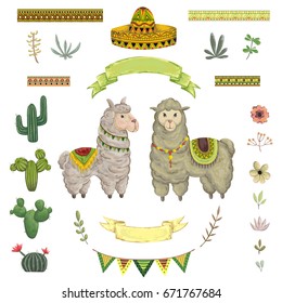 Lama animal, cactus, sombrero, cintas, flores y hojas. Elementos aislados en color agua. Personajes de caricatura. Diseño conceptual para tarjeta de felicitación, afiche, invitación, fiesta. Ilustración vectorial.