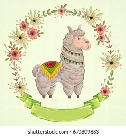 Lama animal with floral wreath in watercolor style. Cartoon character. Concept design for greeting card, poster, invitation, party. Vintage vector illustration.