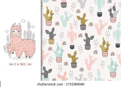 Lama baby cute pinky animal character. Kids card and seamless background. Hand drawn cartoon vector illustration. Surface design.