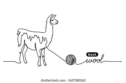 Lama  best, finest wool. Vector label design, simple background. One continuous line drawing of lama and wool.