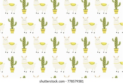 Lama and cacti. Cute vector seamless pattern.  All elements are  hidden under mask. Pattern are not cropped and can be edited.
