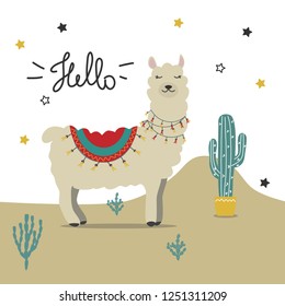 Lama and cacti in the desert. Vector illustration for printing on fabric, packaging paper, children's clothing. Cute baby background.