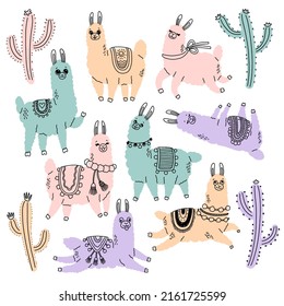 Lama and cactus color doodle vector illustration