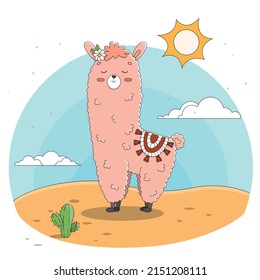  Lama with cactus, greeting card, vector illustration, Mexican cartoon cute alpaca lama with white wool. Peru desert llama and cactus isolated. Funny animals vector set