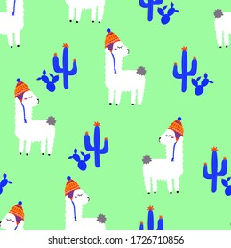 Lama and cactus seamless pattern. Cute hand drawn flat animals in traditional peruvian hats. Trendy hipster alpaca background, perfect print for childish fabric, baby nursery. Vector illustration.