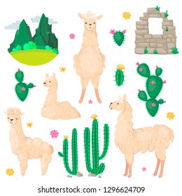 Lama and cactus set. Alpaca wool and llamas, succulents and Peru american valley with mountins vector illustration. Cartoon style.