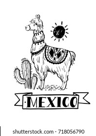 Lama cactus and sun. Emblem of Mexico. Hand drawn illustration converted to vector