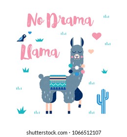 Lama card with cactus in vector with lettering quote- no drama llama.
Perfect for posters, stickers, greeting cards, notebooks and other childish accessories.