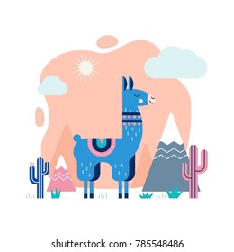 Lama card with mountains and cactus in vector.
Perfect for posters, stickers, greeting cards, notebooks and other childish accessories.