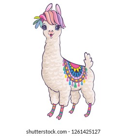 Caricatura alpaca de Lama. Ilustración aislada del vector animal de Llama. Diseño para tarjetas, adhesivos, tejidos, camisetas. Niños, niños de estilo moderno