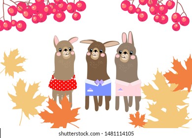 Lama, cartoon character, and autumn background, vector illustration