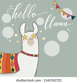 Lama in cartoon style. Hand drawn vector illustration. Elements for greeting card, poster, banners.  T-shirt, notebook and sticker design 