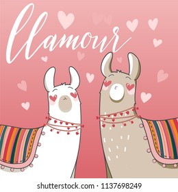 Lama in cartoon style. Lama in love with heart in their eyes. Hand drawn vector illustration. Elements for greeting card, poster, banners. T-shirt, notebook and sticker design