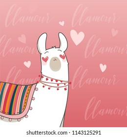 Lama in cartoon style. Lama in love with heart in their eyes. Hand drawn vector illustration. Elements for greeting card, poster, banners. T-shirt, notebook and sticker design