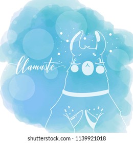 Lama in cartoon style on watercolor background. Namaste quote. Hand drawn vector illustration. Elements for greeting card, poster, banners. T-shirt, notebook and sticker design