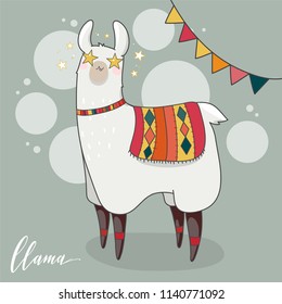 Lama in cartoon style. Star eyes. Hand drawn vector illustration. Elements for greeting card, poster, banners. T-shirt, notebook and sticker design