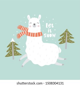 Lama Christmas print. Cute lama cartoon character on winter vacation.