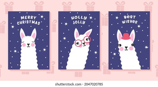 Lama Christmas vector posters. Funny holday greetings. Festive new year postcards.