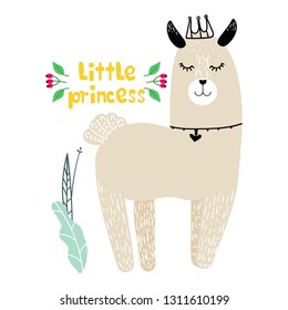  Lama with crown, modern hand drawn style. Isolated cartoon illustration for kid game, book, t-shirt, textile, etc. Little princess lettering. 