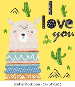 Lama is cute in the Scandinavian style, fashionable, cool, among cacti and mountains. Inscription I love you