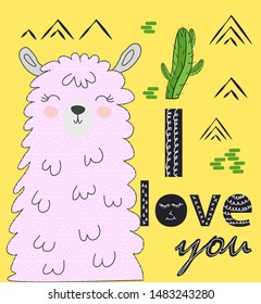 Lama is cute in the Scandinavian style, fashionable, cool, among cacti and mountains. Inscription I love you