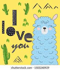 Lama is cute in the Scandinavian style, fashionable, cool, among cacti and mountains. Inscription I love you
