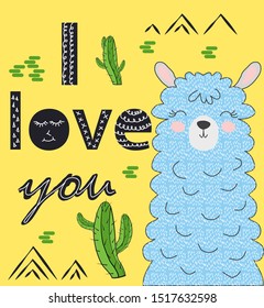 Lama is cute in the Scandinavian style, fashionable, cool, among cacti and mountains. Inscription I love you