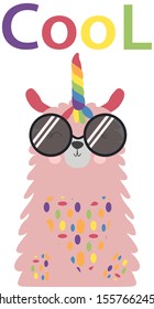 Lama is cute in the Scandinavian style, fashionable, cool, in dark sunglasses.