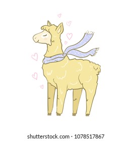Lama cute vector drawing. Isolated on white background. Unique hand drawn style. Sticker, greeting cards, romantic - print paper. Llama - Trendy Illustration for children kids.  