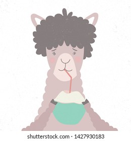 Lama drinks a cocktail with coconut. Cartoon illustration animal alpaca. Funny hand drawing. Vector flat style. Banner for bar, party.