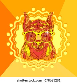 Lama in eyeglasses, Hipster style drawing, line art style, yellow eyeglasses, mandala stye